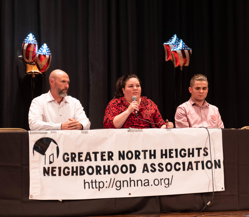 Candidates for Amarillo City Council Place 2 address the audience Monday night at the Greater North Heights Neighborhood Association candidate forum at Carver Elementary School in Amarillo.