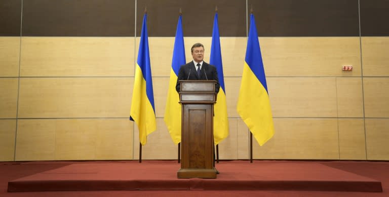 Deposed Ukrainian president Viktor Yanukovych speaks at his press-conference in the southern Russian city of Rostov-on-Don, on March 11, 2014