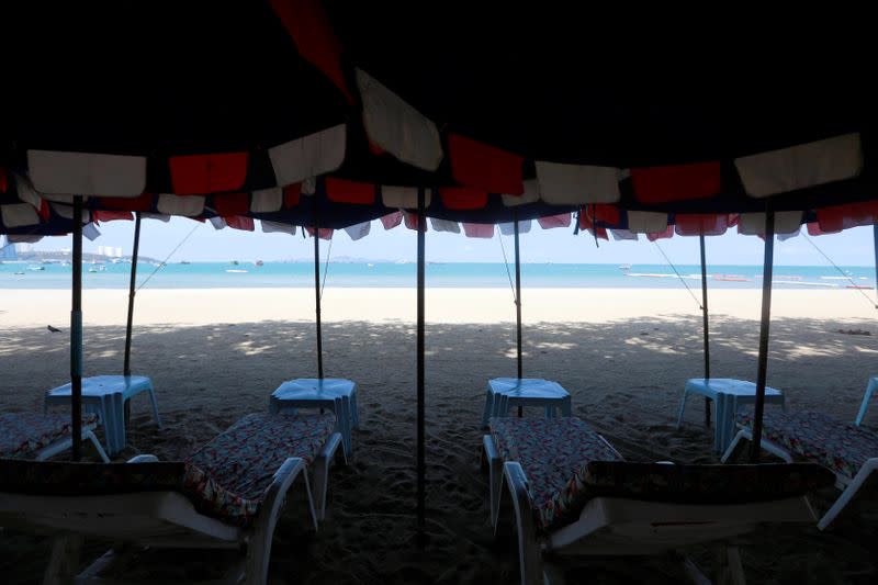 Empty chairs are seen on a beach amid fears of coronavirus disease (COVID-19) in Pattaya
