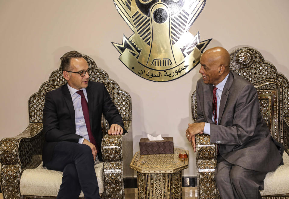 Foreign Minister of Germany Heiko Maas, left, meets with Sudanese Undersecretary of the Foreign Ministry Omer Dahab Fadl Mohamed, at the Khartoum International Airport in Sudan, early Tuesday, Sept. 3, 2019. Sudan’s state-run news agency said Maas arrived in Sudan in a first visit by a German top diplomat to the African country since 2011. ups, which remain among the top challenges facing the country’s new administration. (AP Photo)