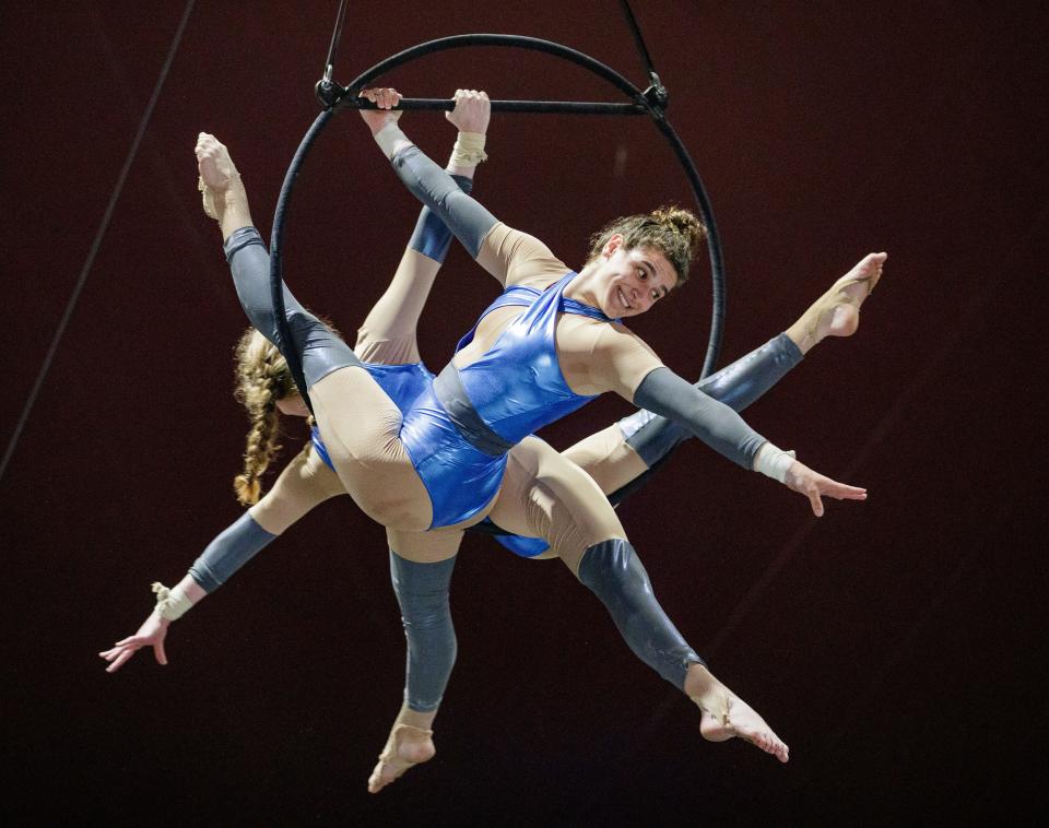 Cast members in the Florida State University Flying High Circus rehearse their Lyra routine as they prepare for their spring performance Wednesday, March 9, 2022.