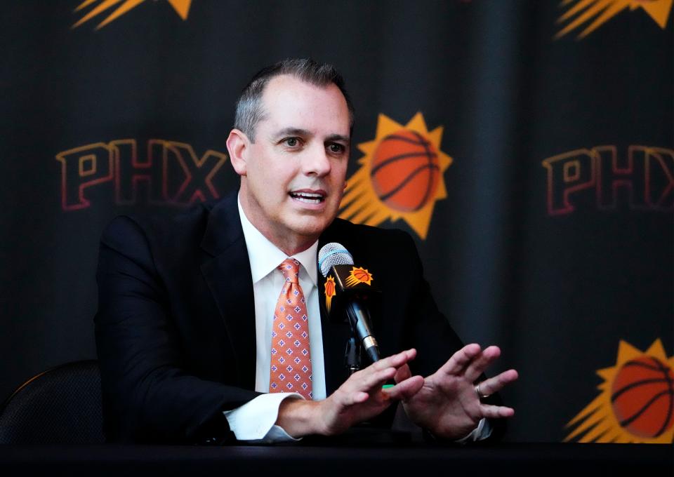 Frank Vogel is introduced as the new head coach of the Phoenix Suns during a news conference at Footprint Center in Phoenix on June 6, 2023.