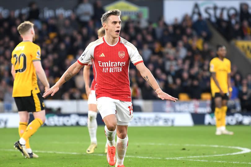 Leandro Trossard celebrates scoring during the Premier League match between Wolverhampton Wanderers and Arsenal FC.