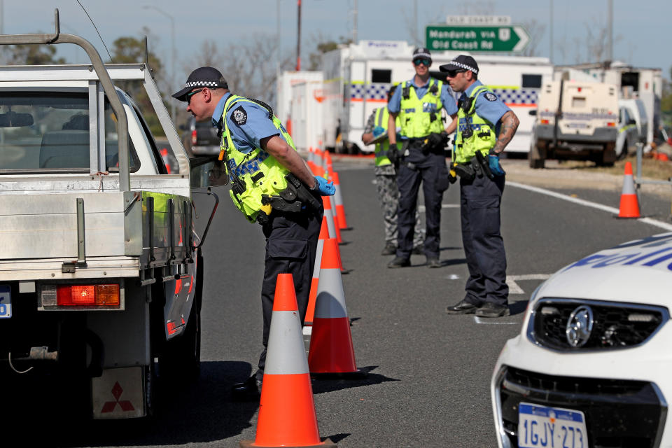 WA Police force stop vehicles from travelling across regions in the state, after the state government enforced the nine regions, to stop the spread of the coronavirus