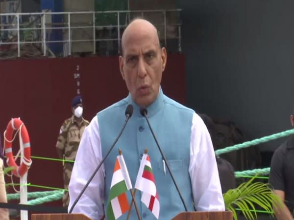 Defence Minister Rajnath Singh speaking after reviewing IAC construction work on Friday. (ANI)