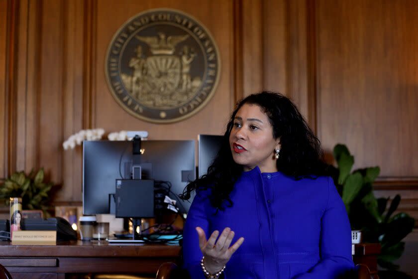 SAN FRANCISCO, CA - FEBRUARY 24: London Breed, mayor of San Francisco, in an interview with a reporter at her office in City Hall on Thursday, Feb. 24, 2022 in San Francisco, CA. Mayor Breed is the 45th mayor of the City and County of San Francisco. She was supervisor for District 5 and was president of the Board of Supervisors from 2015 to 2018. (Gary Coronado / Los Angeles Times)