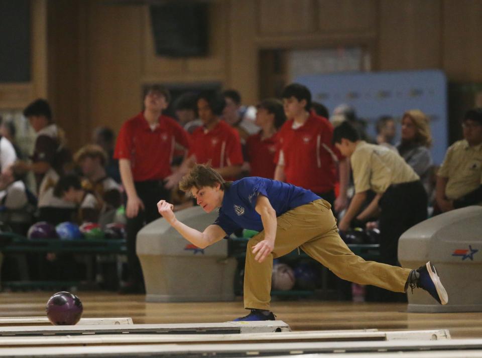 Hendrick Hudson's William Moretti bowls in the Section 1 boys bowling championship in Fishkill on February 14, 2024. Moretti had a final combined score of 1304.