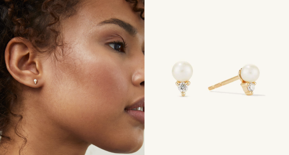 close up of black model's face wearing Diamond Pearl Studs, close up product shot of diamond pearl earrings (photos via Mejuri)