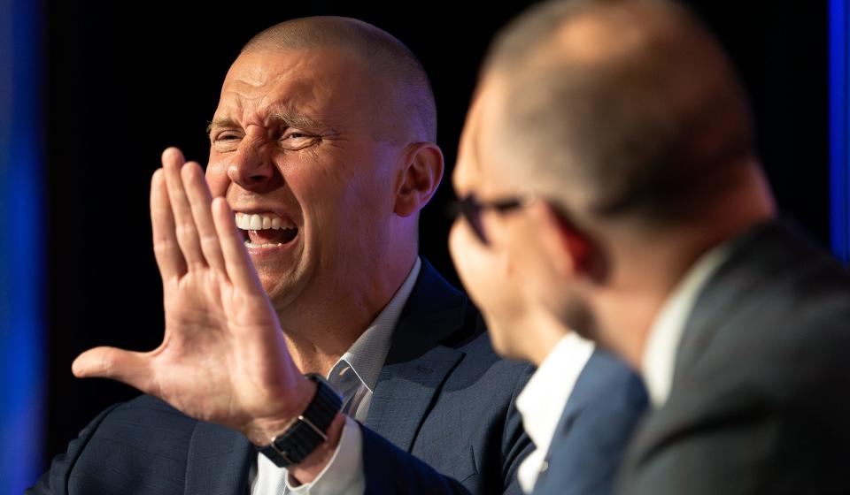 Kentucky head basketball coach Mark Pope gestured while telling a story at the 2024 Leadership Louisville Luncheon at the Kentucky International Convention Center in downtown Louisville on Wednesday, August 28, 2024.