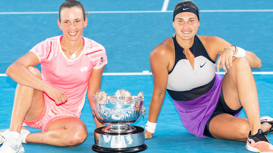 Elise Mertens and Aryna Sabalenka, pictured here after winning the Australian Open doubles final.