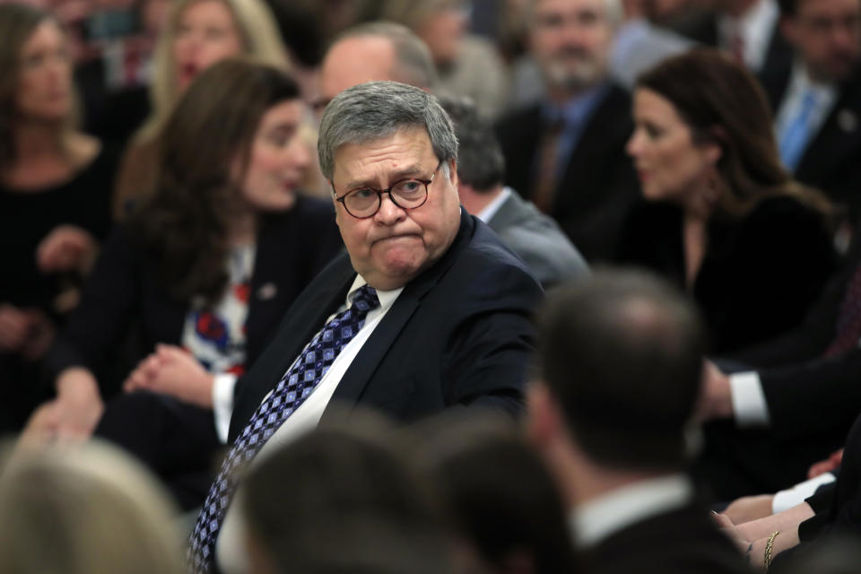 Attorney General William Barr arrives before President Donald Trump speaks in the East Room of the White House about his judicial appointments, Wednesday, Nov. 6, 2019 in Washington. (AP Photo/Manuel Balce Ceneta)