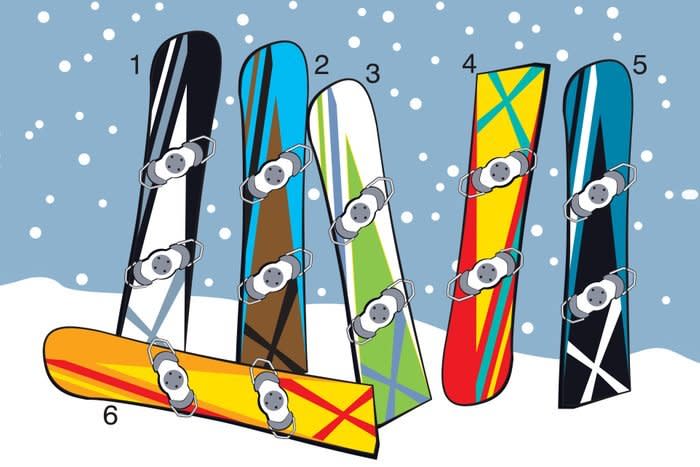 Illustration of six numbered snowboards in snow.