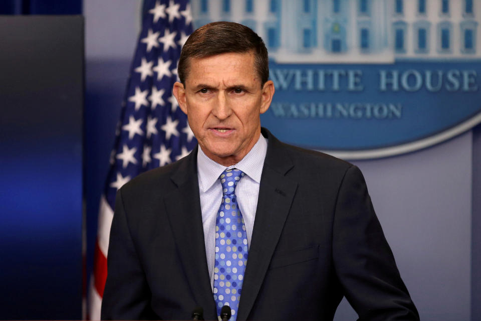 FILE PHOTO: Then national security adviser General Michael Flynn delivers a statement daily briefing at the White House in Washington, U.S., February 1, 2017. REUTERS/Carlos Barria/File Photo