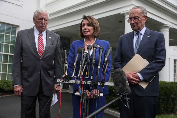 PHOTO: In this Oct. 16, 2019 file photo House Majority Leader Steny Hoyer, left, House Speaker Nancy Pelosi, Senate Minority Leader Chuck Schumer speak to members of the media after a meeting with President Donald Trump at the White House. (Oliver Contreras/Sipa USA via AP, FILE)
