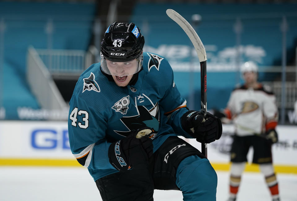 San Jose Sharks left wing John Leonard (43) celebrates after scoring a goal against the Anaheim Ducks during the first period of an NHL hockey game in San Jose, Calif., Monday, Feb. 15, 2021. (AP Photo/Tony Avelar)