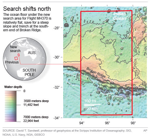 Map shows new search area for missing Malaysia Airlines missing jet.; 3c x 4 inches; 146 mm x 101 mm;