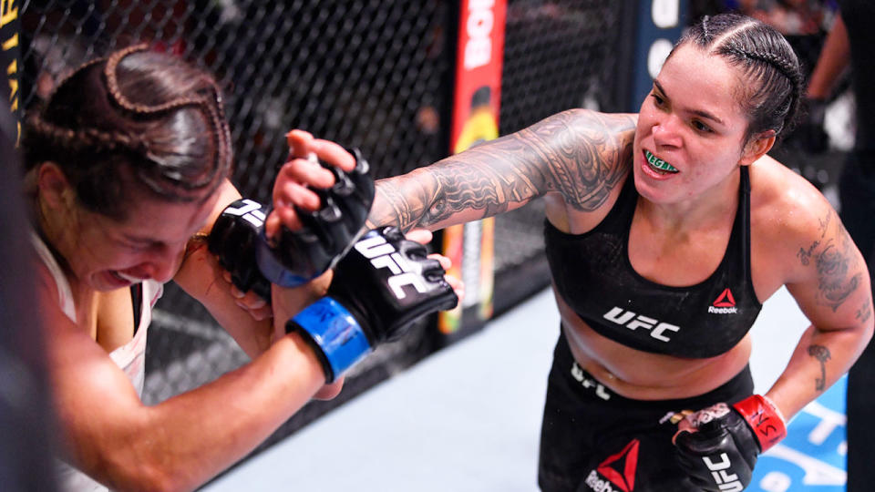 Seen here, Amanda Nunes punishes Felicia Spencer at UFC 250.