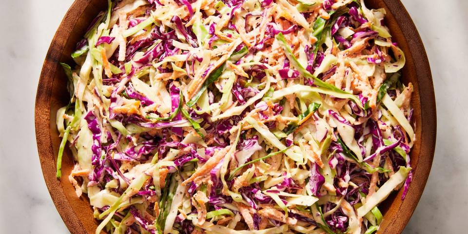 classic coleslaw tossed in a creamy, mayo based dressing