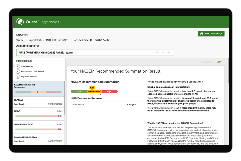 How results are presented to patients after having their blood sampled by Quest Diagnostics for PFAS