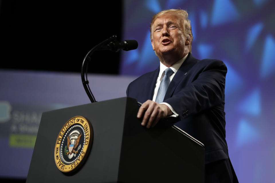 President Donald Trump speaks during the 9th annual Shale Insight Conference at the David L. Lawrence Convention Center, Wednesday, Oct. 23, 2019, in Pittsburgh. (AP Photo/Evan Vucci)