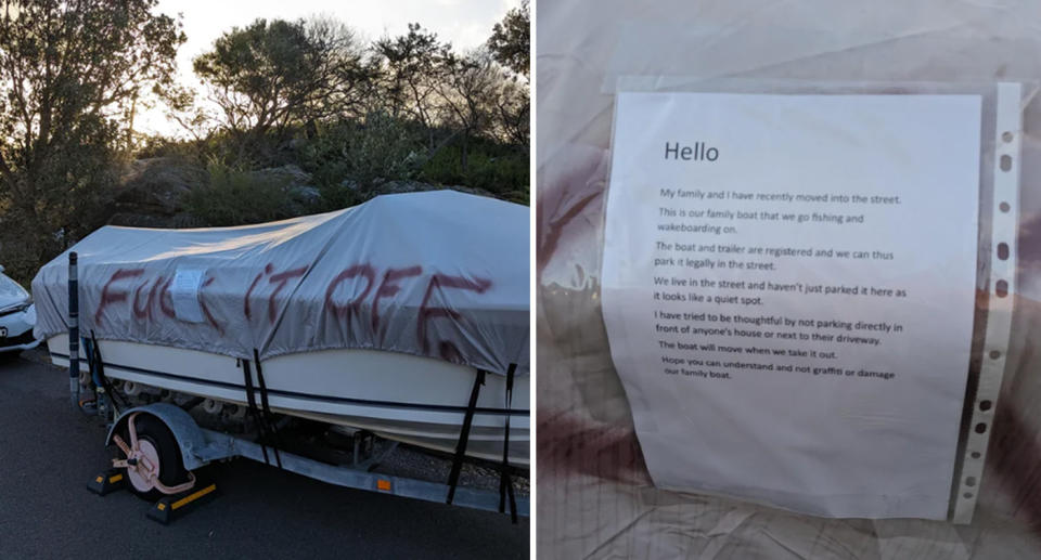 Left, the neighbours' feud escalated when the unknown offender spray painted onto the boat. Right, the typed letter taped onto the boat.