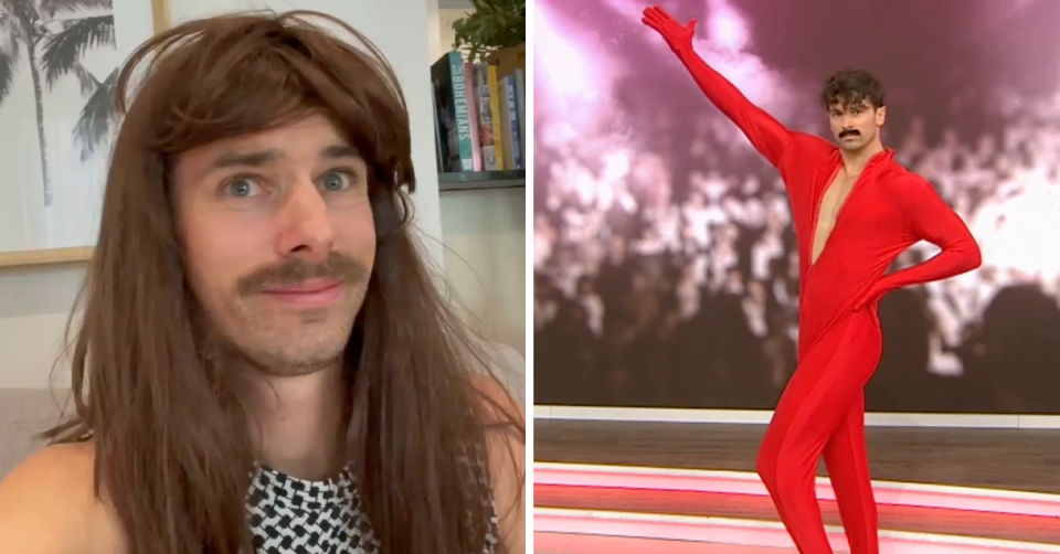 Matty J posing in a wig, and posing in a red bodysuit costume with a fake moustache.