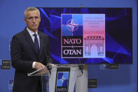 NATO Secretary-General Jens Stoltenberg speaks during a press conference at the NATO headquarters, Friday, Nov. 25, 2022 in Brussels, ahead of the Meeting of NATO Ministers of Foreign Affairs taking place on Nov. 29 and 30 in Bucharest, Romania. (AP Photo/Olivier Matthys)