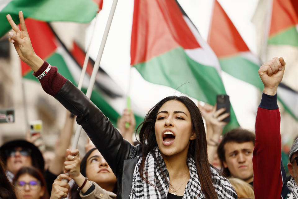 Students take part in a protest rally in Rome, Italy, Saturday, March 30, 2024, to support a caesefire in Gaza Strip. (Cecilia Fabiano/LaPresse via AP)