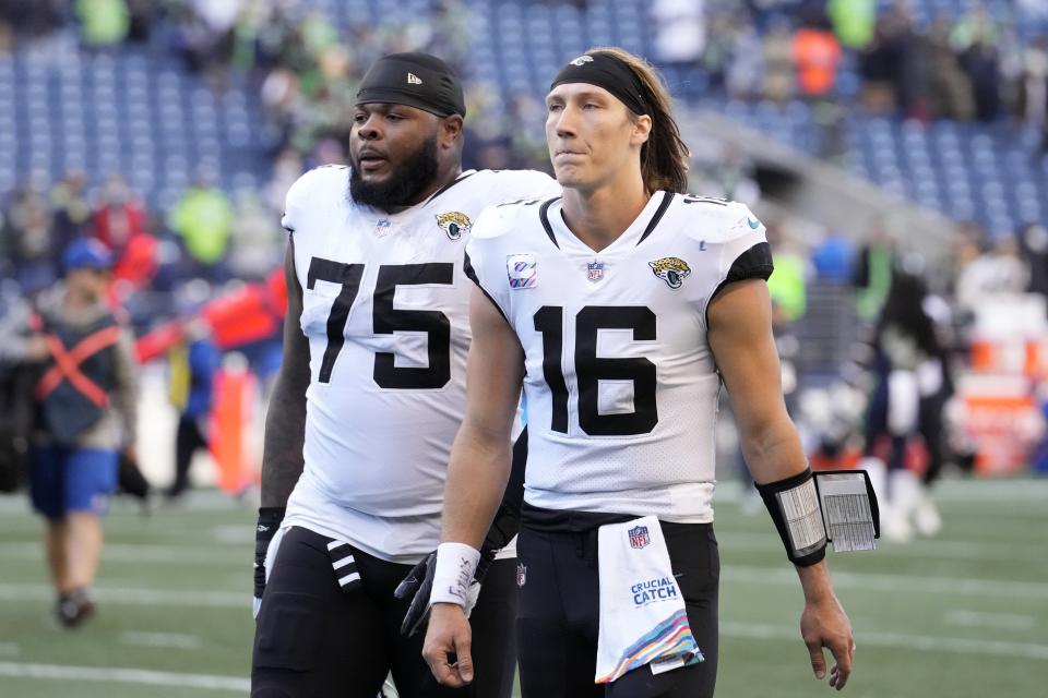 Jaguars offensive tackle Jawaan Taylor (75) has been the key player in protecting quarterback Trevor Lawrence (16) in the last two games. Lawrence hasn't been sacked in those games, the first time since 2007 that a Jags' quarterback has gone consecutive games without being tackled behind the line of scrimmage.