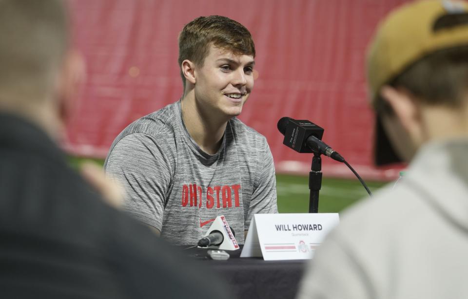 Jan 30, 2024; Columbus, Ohio, USA; Ohio State University football quarterback transfer Will Howard talks with the Columbus media during his first sit-down interview since transferring.