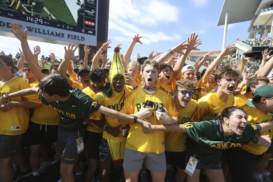 Baylor line student's prepare to run onto the field before an NCAA college football game against Utah, Saturday, Sept. 9, 2023, in Waco, Texas. (AP Photo/Jerry Larson)