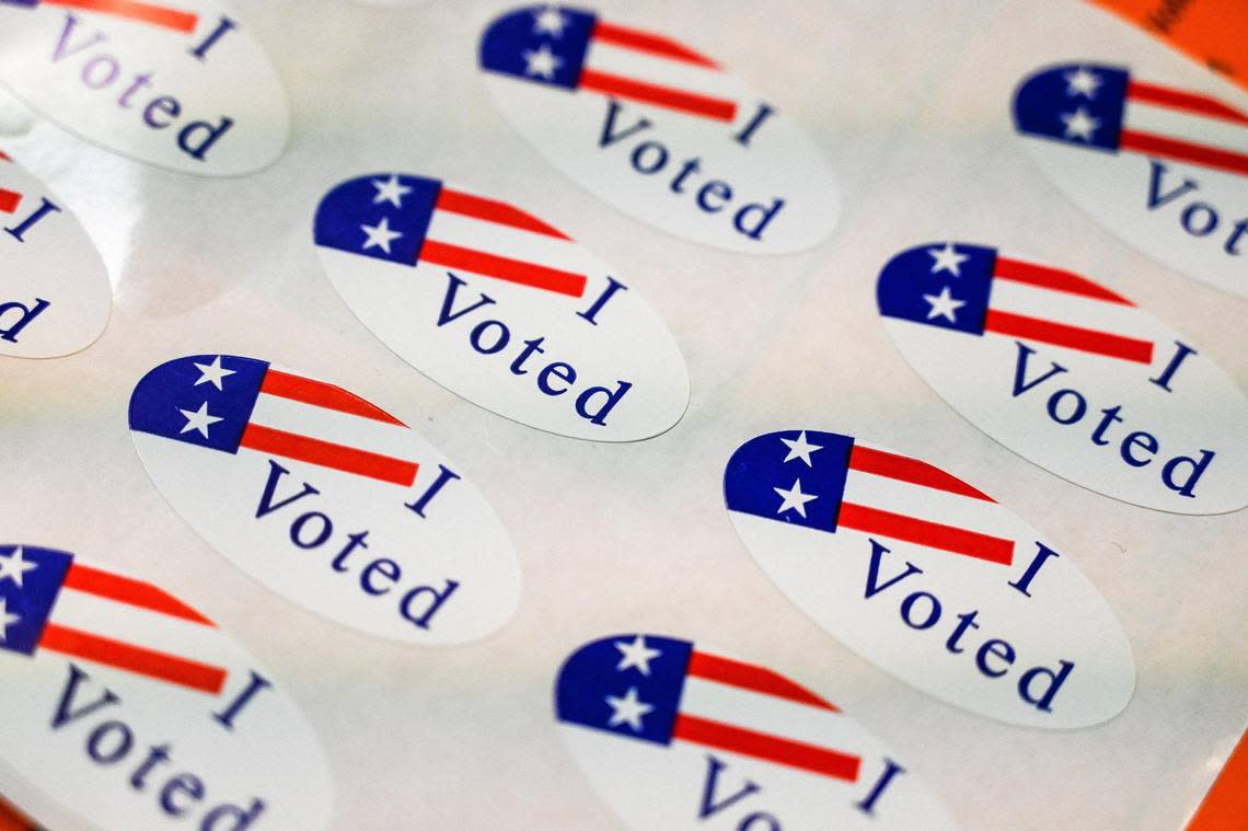 “I voted” stickers await voters at the Fresno County elections office in downtown Fresno on Monday, Nov. 7, 2022.