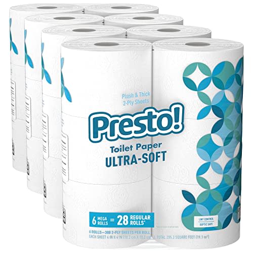 Amazon Brand - Presto! 308-Sheet Mega Roll Toilet Paper, Ultra-Soft, 6 Count (Pack of 4), 24 Me…