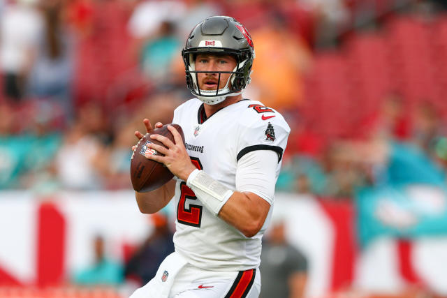 August 28, 2021: Tampa Bay Buccaneers quarterback Kyle Trask (2) looks on  as starting quarterback Tom Brady runs the Buccaneers offense during an NFL  preseason game between the Houston Texans and the