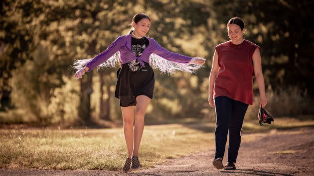 From Left: Roki (Isabel Deroy-Olson) and her aunt Jax (Lily Gladstone) share a tender moment in 