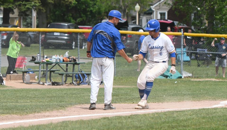 Lansing Community College baseball player Blake McRae, right, was one of the standouts Saturday in beating Kellogg CC and helping the Stars reach the NJCAA Division II World Series.