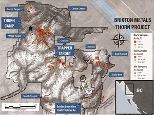 Trapper Gold Target Location Map on Gold Geochemistry Plot, Thorn Project