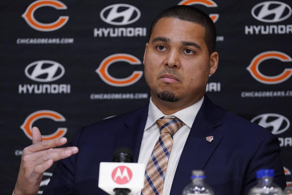 FILE - Chicago Bears NFL football team general manager Ryan Poles speaks during a news conference at Halas Hall in Lake Forest, Ill., Monday, Jan. 31, 2022. The Bears open their first training camp under general manger Ryan Poles and coach Matt Eberflus. (AP Photo/Nam Y. Huh, File)