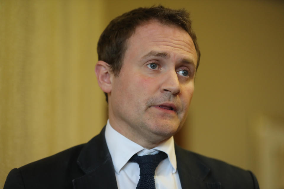 Committee chairman Tom Tugendhat speaking to the media at the Armagh city hotel as members of the Commons Foreign Affairs Committee came to Northern Ireland to discuss foreign policy and Brexit. (Photo by Niall Carson/PA Images via Getty Images)