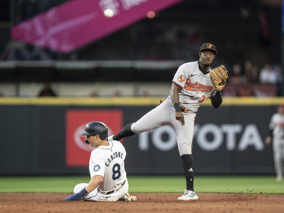 Baltimore Orioles second baseman Jorge Mateo attempts to turn a double play after forcing out Seattle Mariners' Dominic Canzone at second base during the seventh inning of a baseball game, Tuesday, July 2, 2024, in Seattle. (AP Photo/Stephen Brashear)