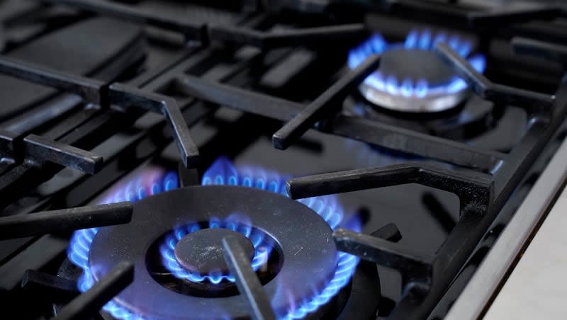 Flames emerge from burners on a natural gas stove, Wednesday, June 21, 2023, in Walpole, Mass. Introduced by Arizona Rep. Debbie Lesko, the Hands Off Our Home Appliances Act would encompass prohibiting energy conservation standards on any household appliance.