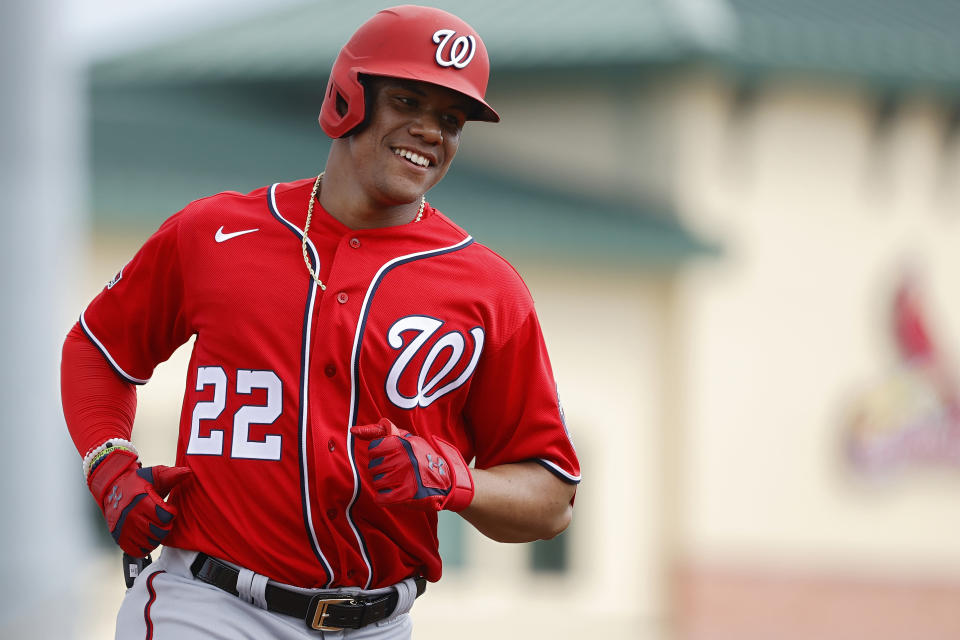 JUPITER, FL - FEBRUARY 25: Juan Soto #22 of the Washington Nationals rounds the bases after hitting a two-run home run in the third inning of a Grapefruit League spring training game against the St Louis Cardinals at Roger Dean Stadium on February 25, 2020 in Jupiter, Florida. (Photo by Joe Robbins/Getty Images)