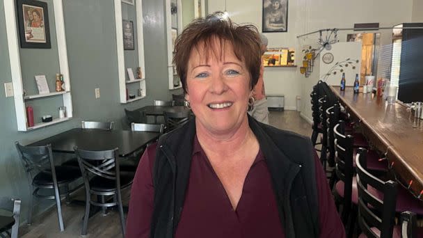 PHOTO: Mary Love chats with ABC News at her restaurant, Side Track, in Caliente, Nev., Oct. 24, 2022. (Rachel Scott/ABC News)