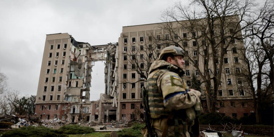 The building of the Mykolaiv regional state administration, which was earlier destroyed by a Russian missile strike on March 29