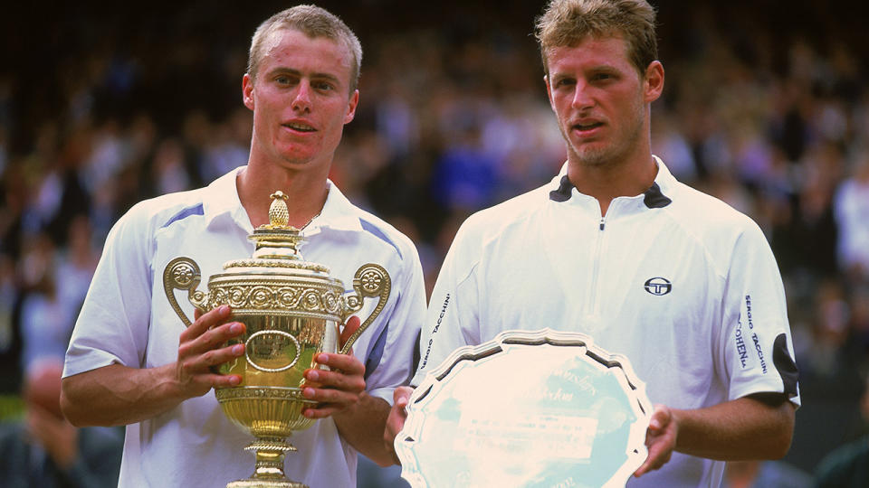 Lleyton Hewitt and David Nalbandian, pictured here after the 2002 Wimbledon final.