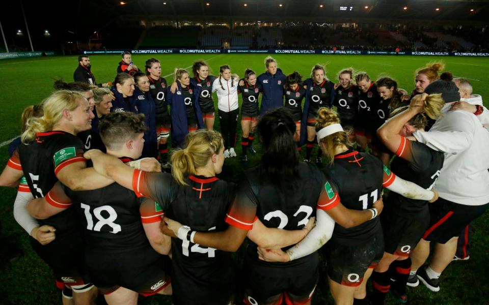 The Red Roses huddle before their second Test against Canada at Twickenham Stoop  - The RFU Collection