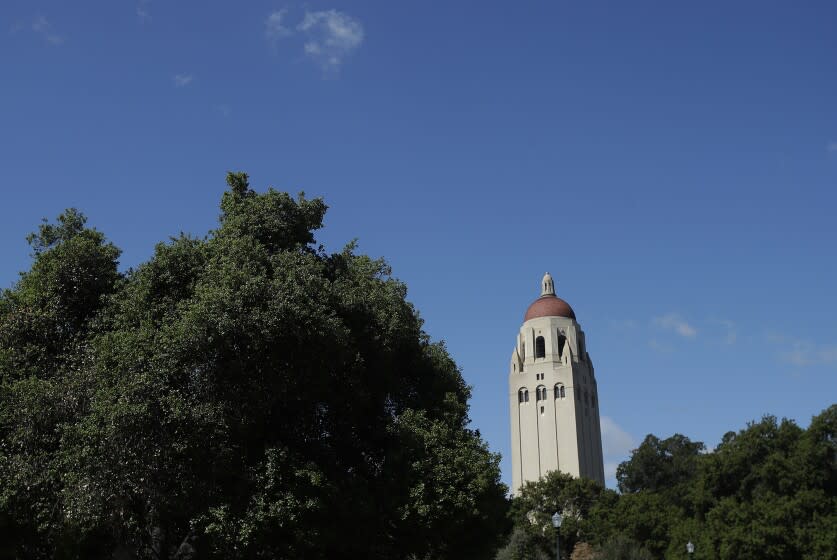 In this April 9, 2019 photo, Hoover Tower is shown on the campus at Stanford University in Stanford, Calif. (AP Photo/Jeff Chiu)