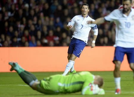 Portugal's Cristiano Ronaldo reacts during their EURO 2016 qualifying soccer match against Denmark at Parken Stadium in Copenhagen October 14, 2014. REUTERS/Liselotte Sabroe/Scanpix Denmark