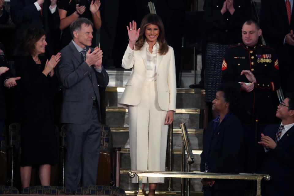 Melania arrived alone and in white to the State of the Union address. Photo: Getty