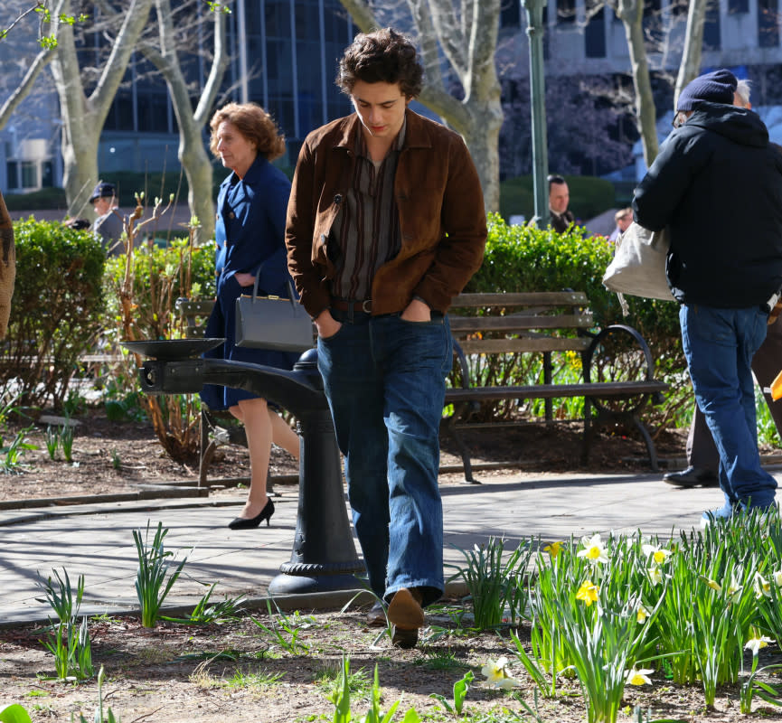 <em>Timothée Chalamet is seen on the set of '</em><em>A Complete Unknown'</em><em> on March 24, 2024, in New York City.</em><p>Jose Perez/Bauer-Griffin/Getty Images</p>